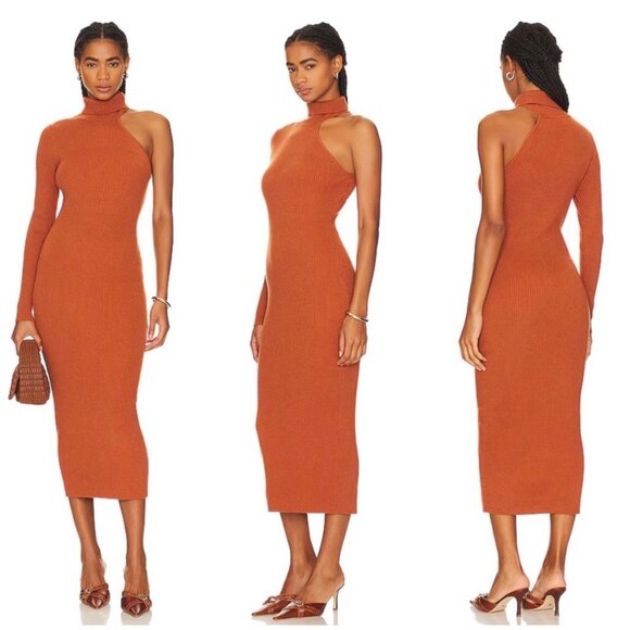 NEW Bardot Asymmetric Sleeve Knit Dress Toffee Pumpkin Orange Size 6 NWT - Picture 1 of 4